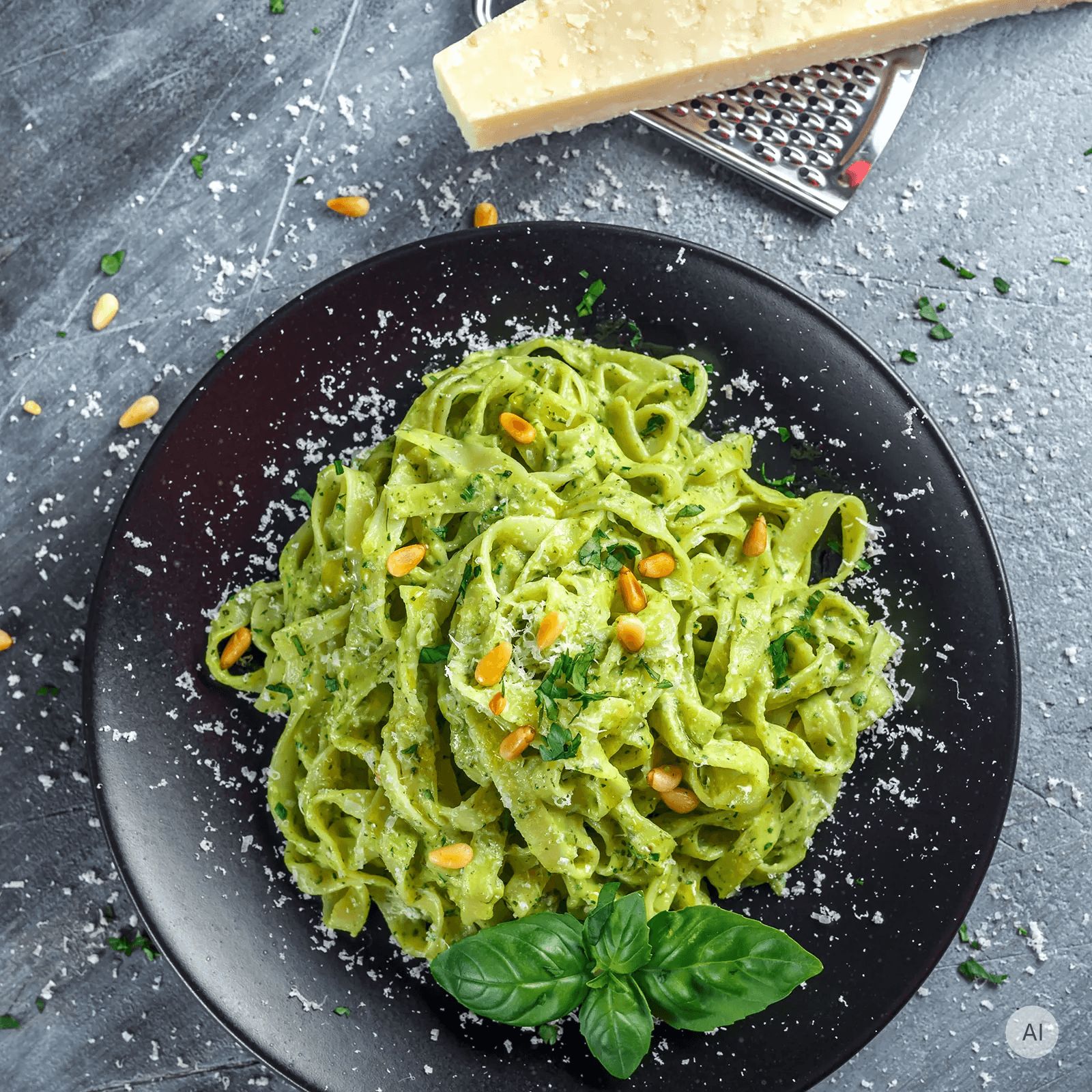 Serviervorschlag: Grüne Tagliatelle mit Pesto, Pinienkernen und Parmesan auf einem schwarzen Teller.