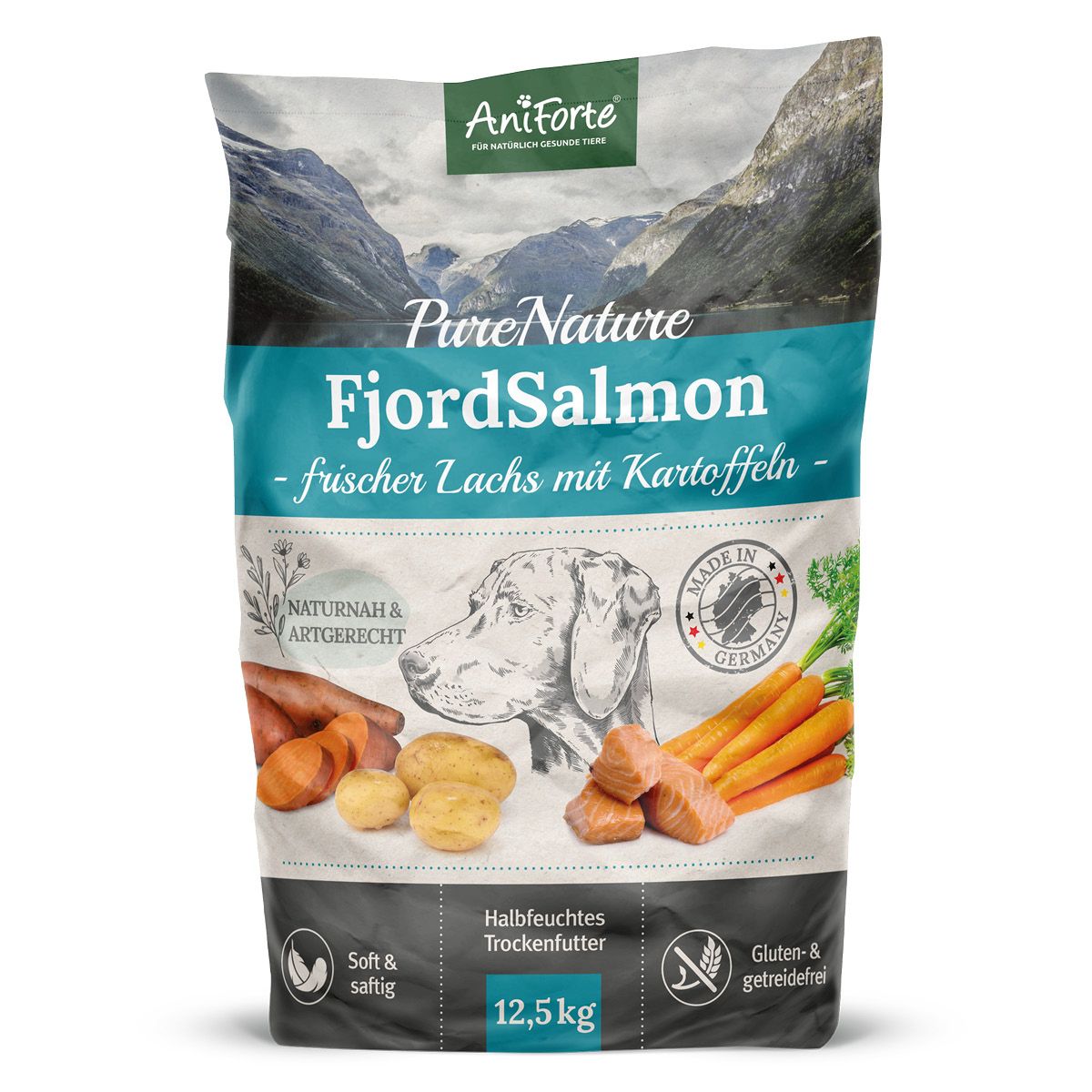 AniForte Trockenfutter FjordSalmon. Verpackung mit Produktabbildung, Lachs, Kartoffeln und Karotten. Text: FjordSalmon, 12,5 kg.