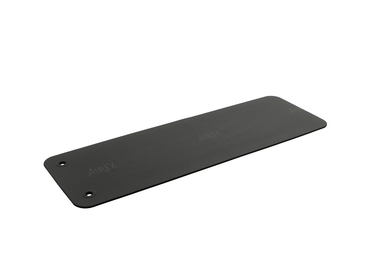 Schwarze Gymnastikmatte mit Ösen. Auf der Matte ist der Markenname AIREX® zu sehen.