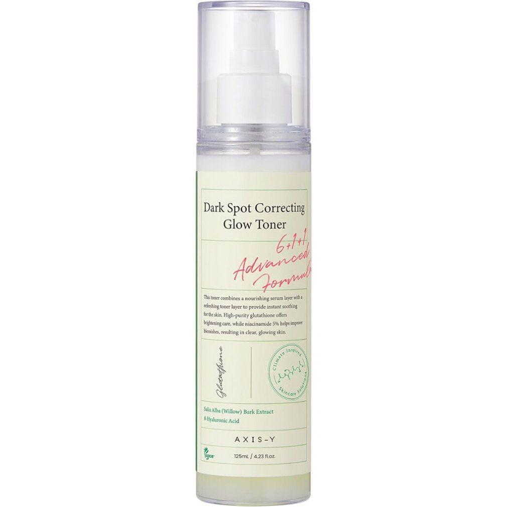 Axis-Y Dark Spot Correcting Glow Toner in einem Pumpspender, seitliche Ansicht. 125ml.