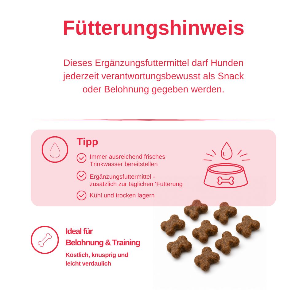 Fütterungshinweis: Zahnpflege Snacks als Belohnung und Training. Knusprig und leicht verdaulich.
