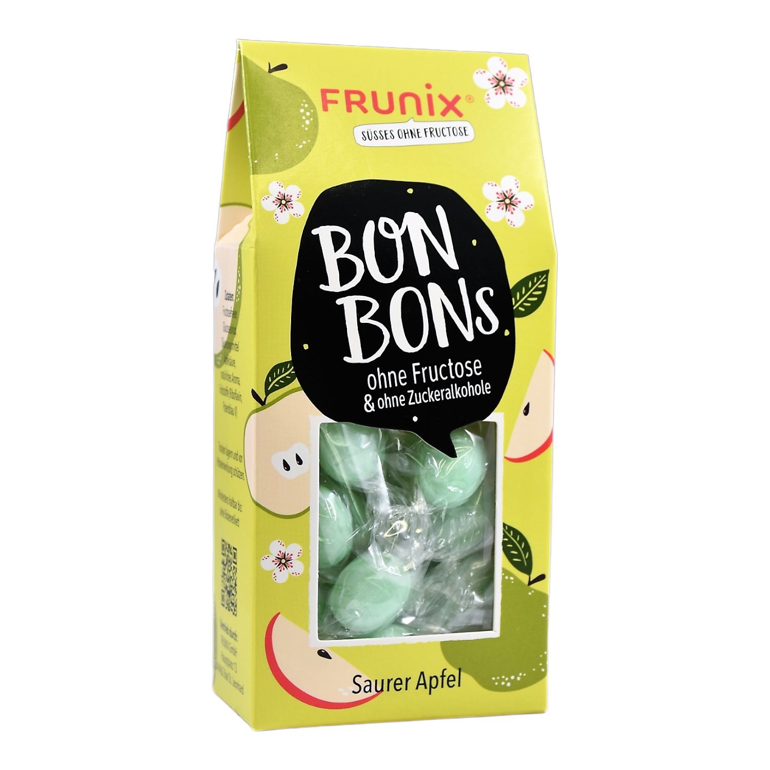 Verpackung von Frunix Bonbons Saurer Apfel. Grün-gelbe Schachtel mit Apfel-Illustrationen und Sichtfenster. Enthält grüne Bonbons.