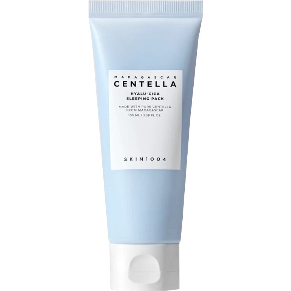 Hellblaue Tube mit weißem Etikett, SKIN1004 Madagascar Centella Hyalu-Cica Sleeping Pack.