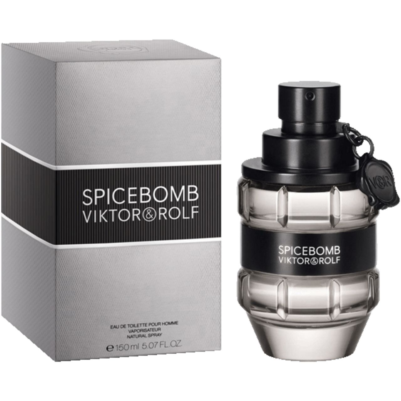 Graue Verpackung und Flakon. Aufschrift: SPICEBOMB VIKTOR & ROLF. Flakon in Granatenform, schwarz und grau.