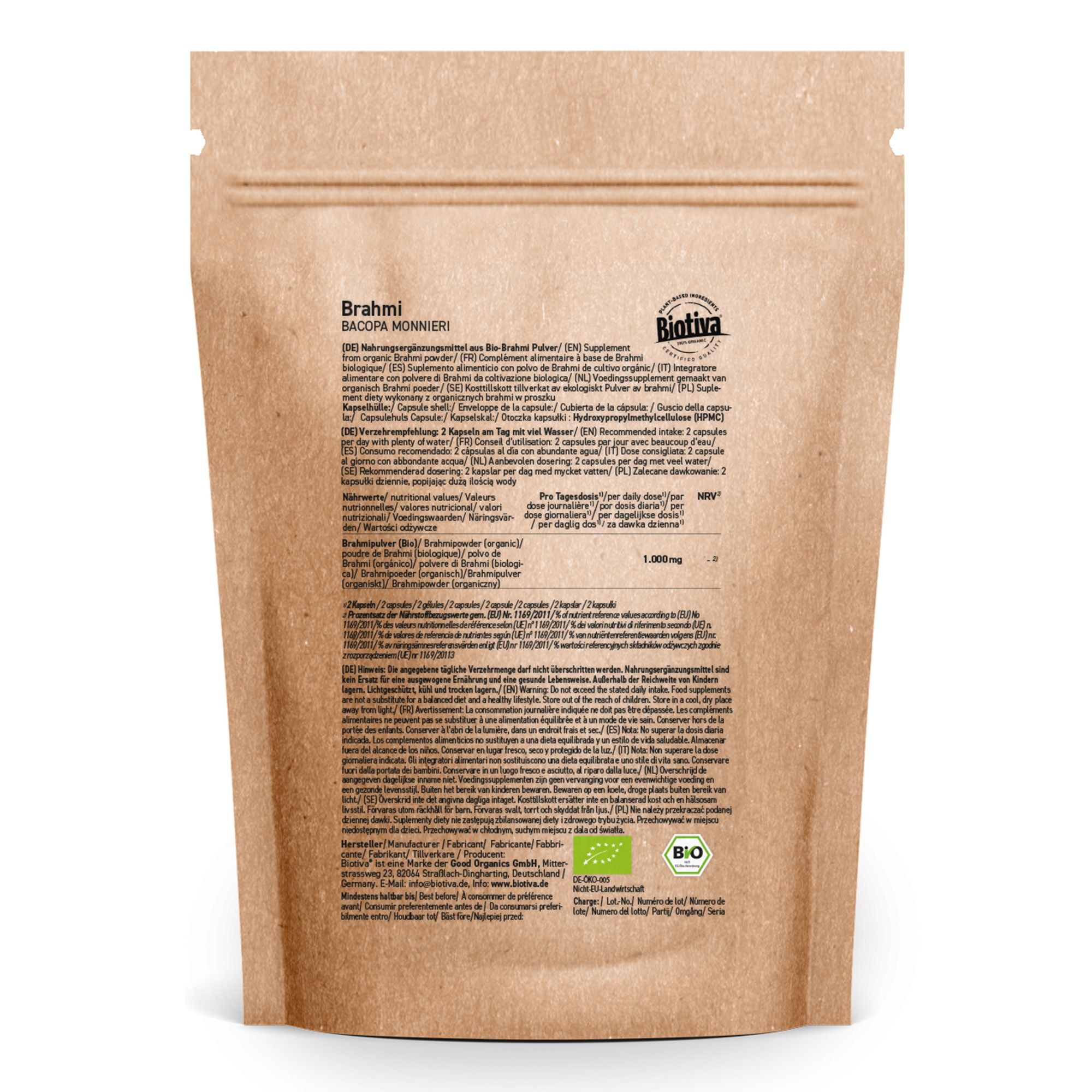 Rückseite der Brahmi-Kapseln-Verpackung. Enthält Informationen zu Inhaltsstoffen und Nährwerten. Bio-Zertifizierung.