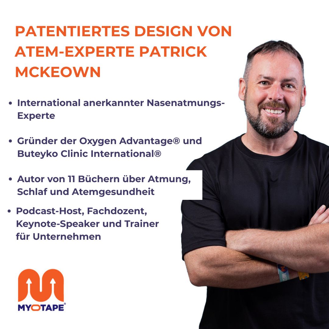 Porträt von Patrick McKeown. Text: Patentiertes Design von Atem-Experte Patrick McKeown. Logo.