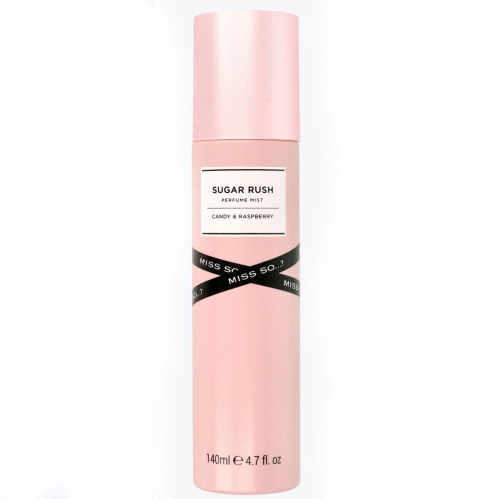 Rosa Flasche mit weißem Etikett und schwarzem Band. Text: Sugar Rush, Candy & Raspberry. Unten: 140ml e 4.7 fl. oz.