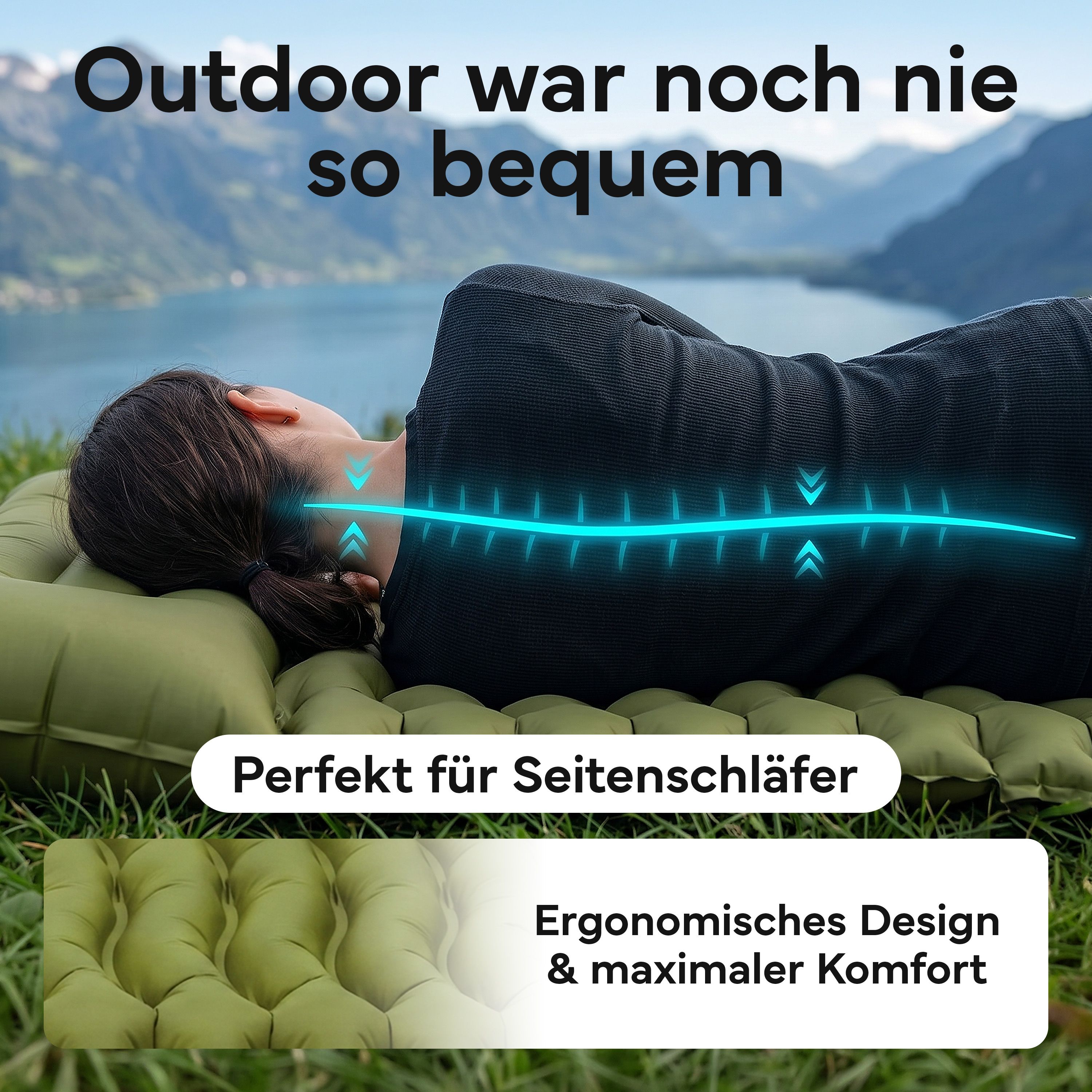 Grüne Isomatte mit ergonomischem Design, ideal für Seitenschläfer. Bietet maximalen Komfort im Freien.