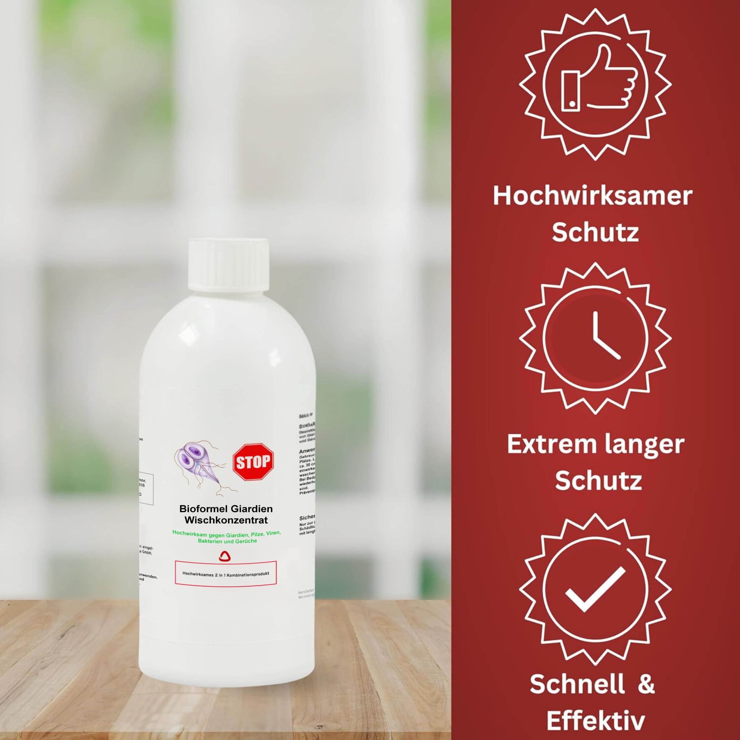 Weiße Flasche mit Produktetikett. Grafiken mit Text: Hochwirksamer Schutz, Extrem langer Schutz, Schnell & Effektiv.