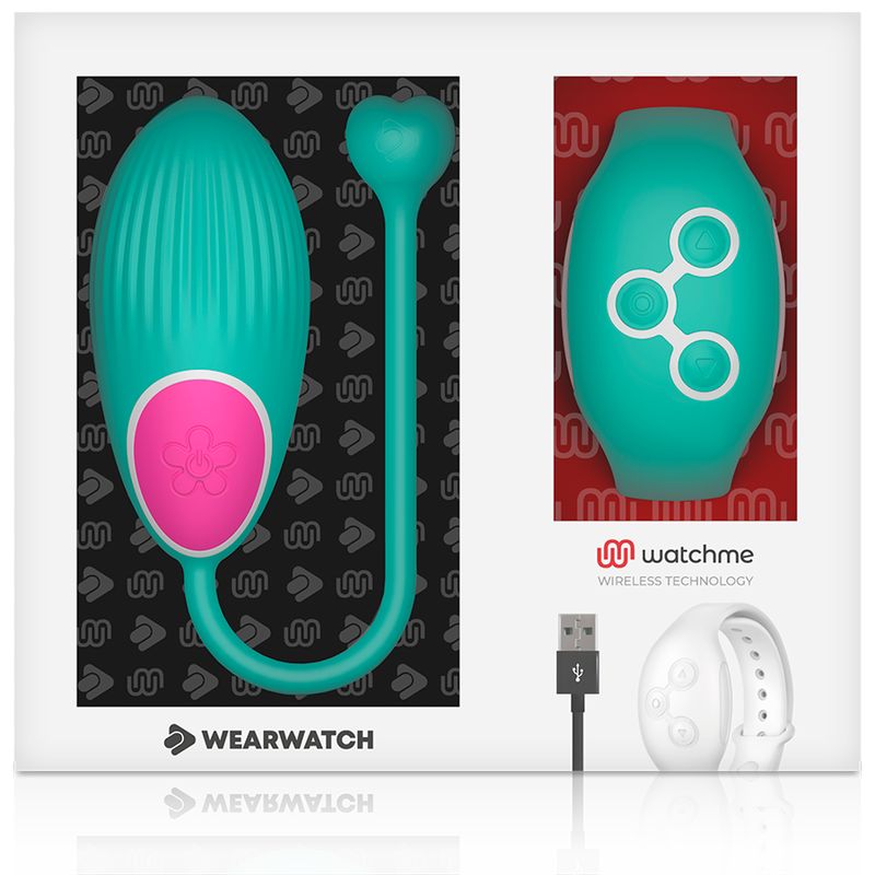 Wearwatch-Verpackung mit Vibro-Ei, Armband und Zubehör. Watchme-Logo. USB-Kabel.