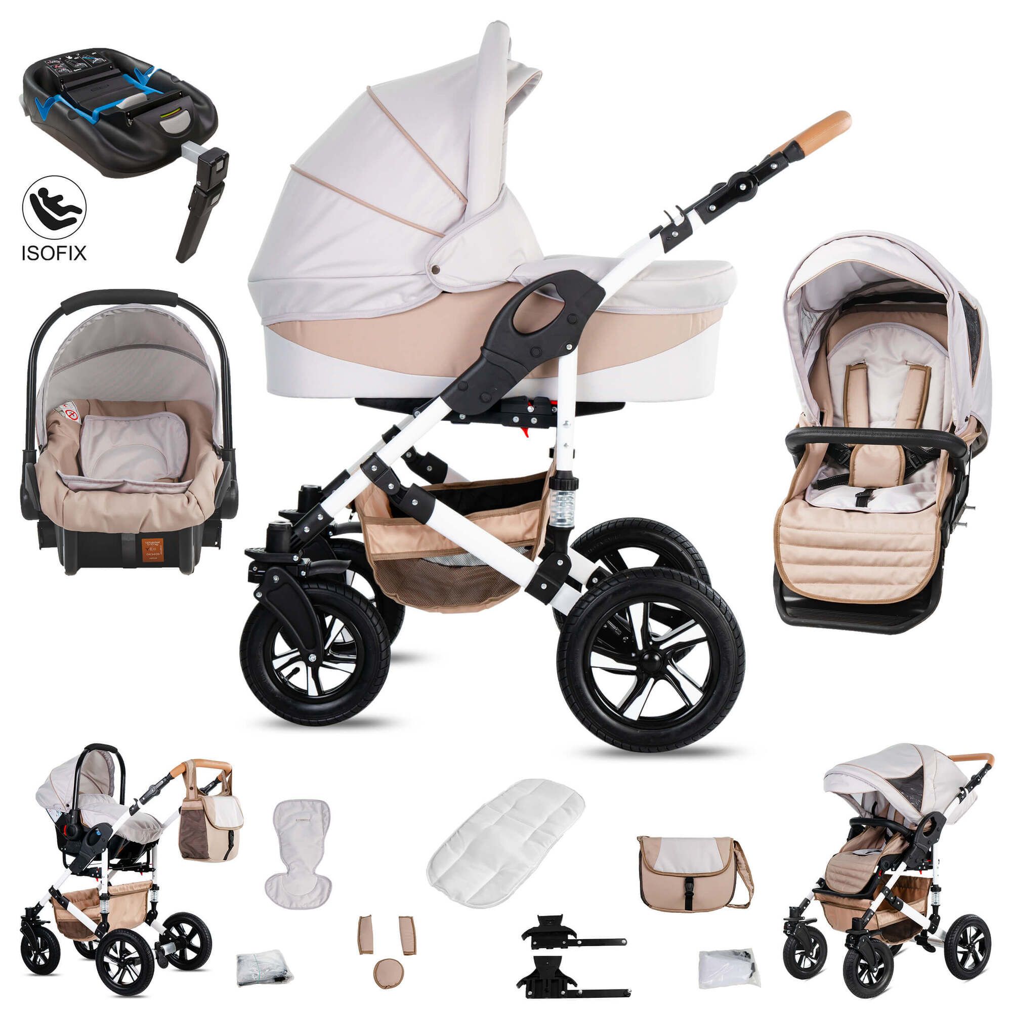 Friedrich Hugo Hamburg 4 in 1 Kinderwagen & Isofix Luftreifen, Cream & Beige