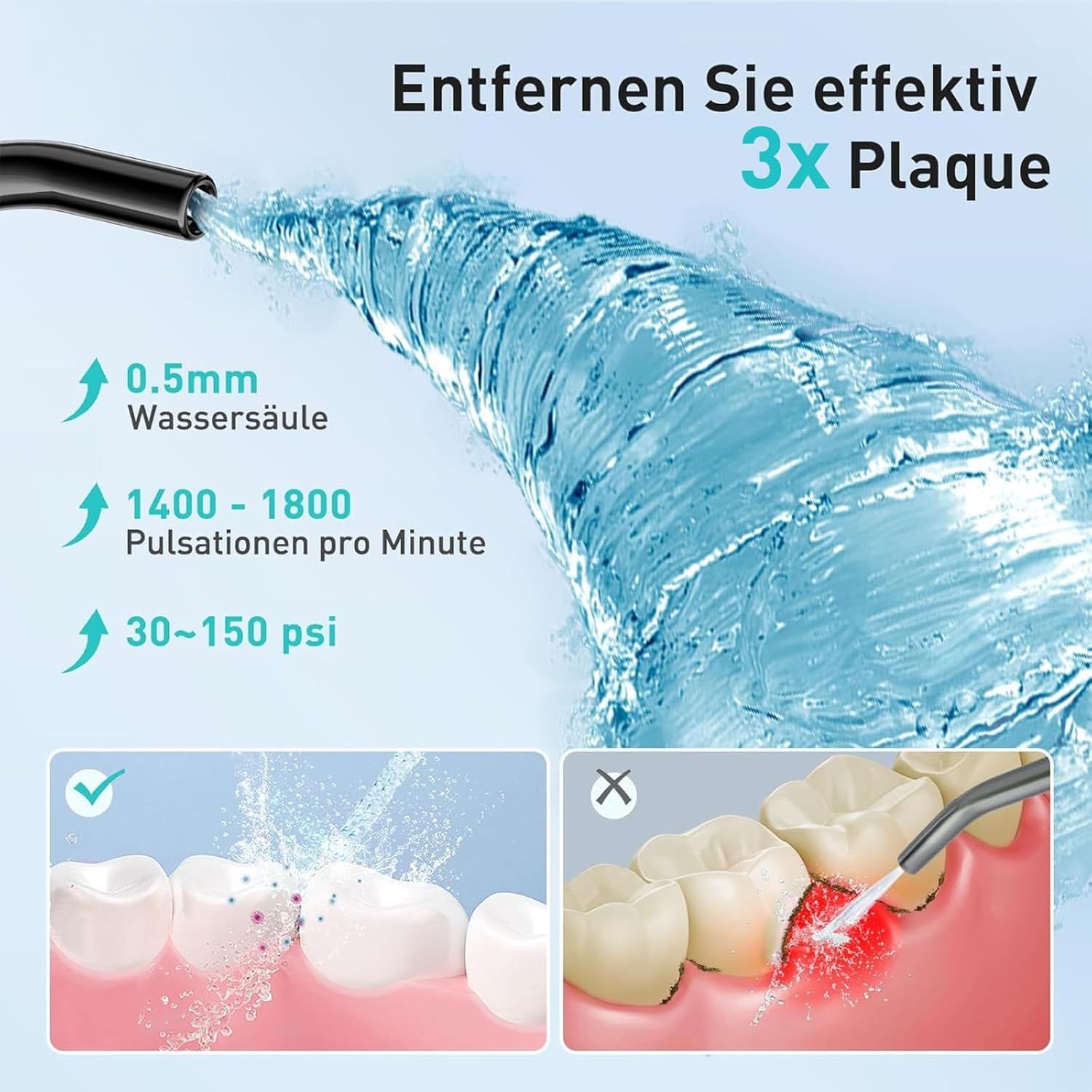 Zahnreiniger-Funktionsgrafik. Zeigt Wasserstrahl, Pulsationen und Druck. Illustrationen von Zahnreinigung.