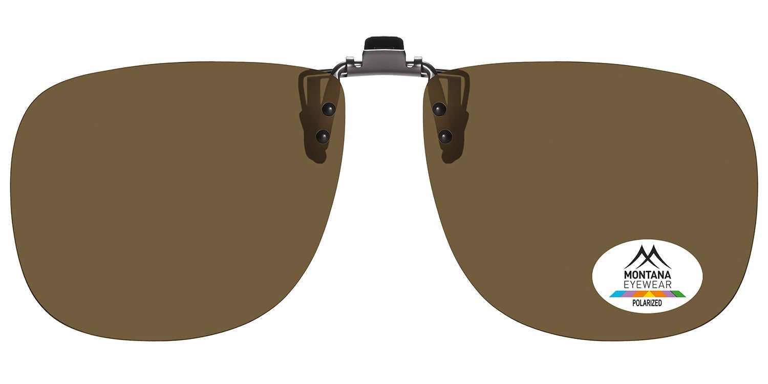 Braune Clip-On-Sonnenbrille. Aufkleber mit Logo und "POLARIZED".