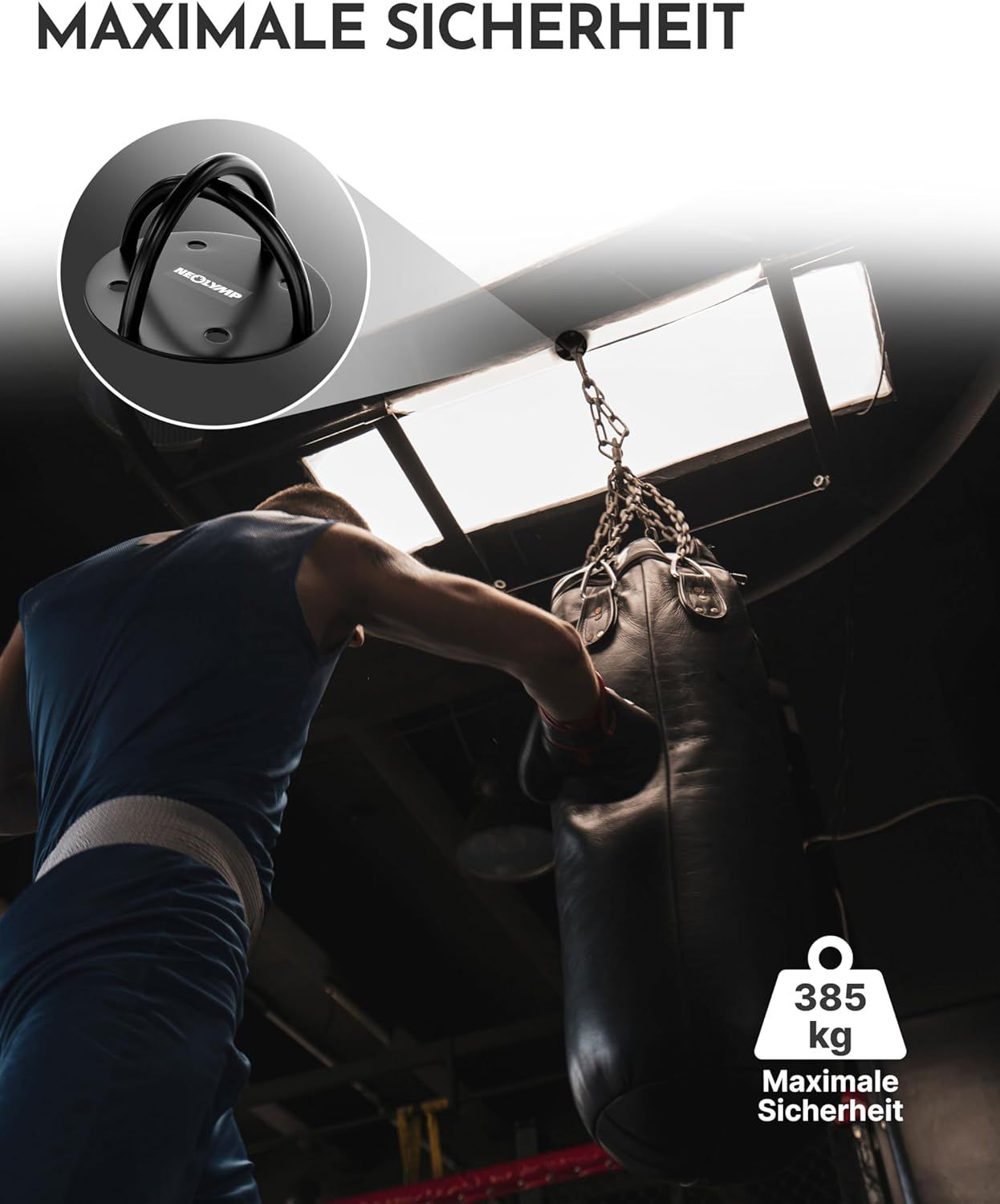 Ein Mann trainiert mit einem Boxsack, der an einem Wandanker befestigt ist. Maximale Sicherheit wird durch das Produkt gewährleistet.