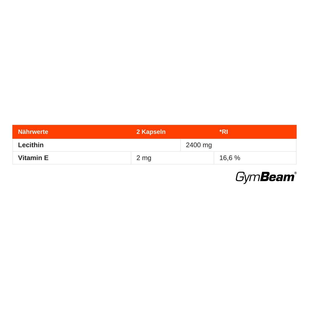 Nährwerttabelle für GymBeam Lecithin Kapseln: 2 Kapseln enthalten 2400 mg Lecithin und 2 mg Vitamin E.