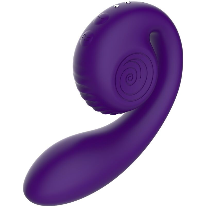 Lila Dual-Stimulator. Schneckenförmiges Design mit spiralförmiger Textur. Drei Knöpfe. Glatte Oberfläche.