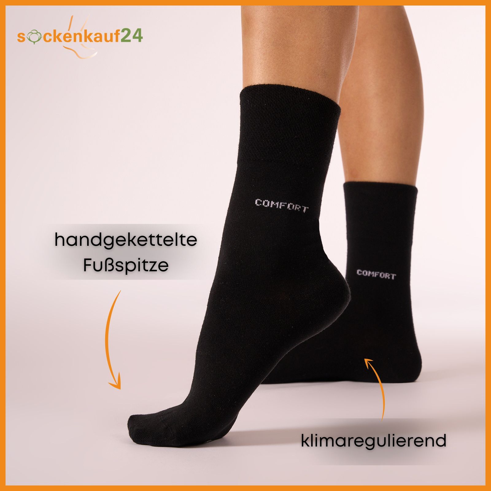 Zwei schwarze Socken am Bein. Aufschrift "COMFORT". Text: "handgekettelte Fußspitze" und "klimaregulierend".