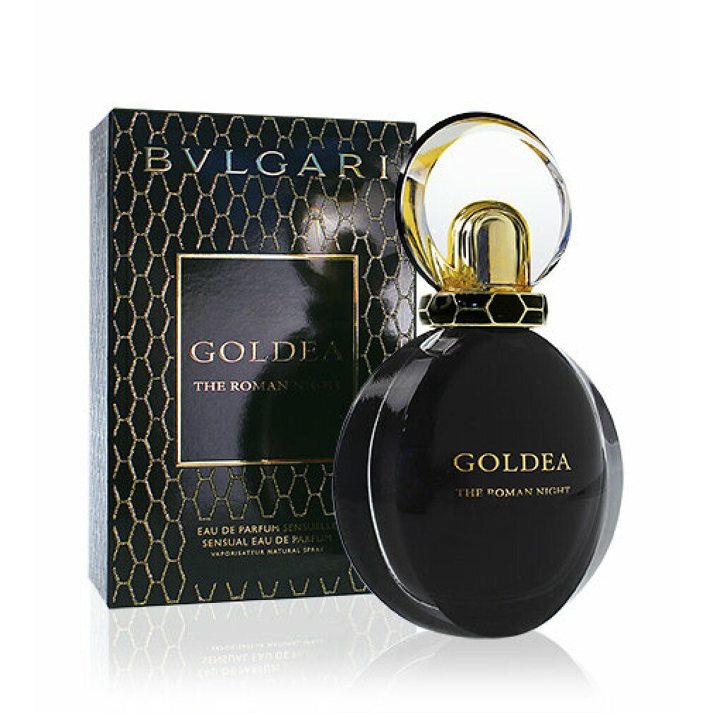 Schwarzer Flakon und Verpackung. Aufschrift: Bvlgari Goldea The Roman Night. Goldener Verschluss.