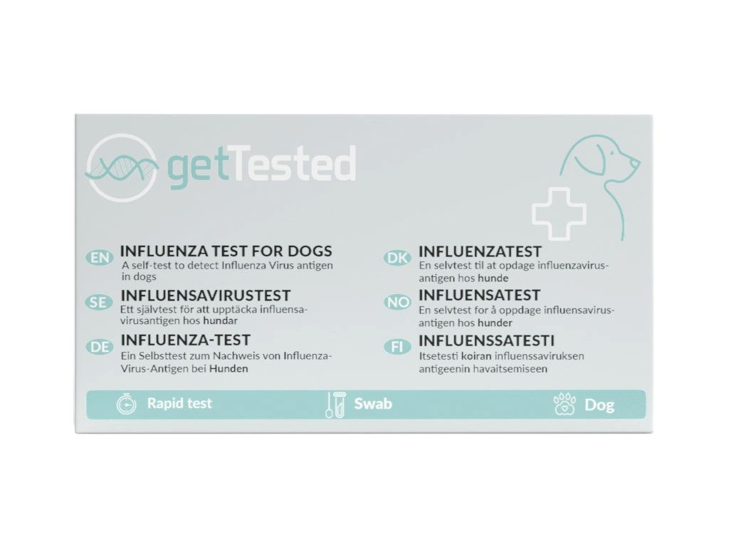 GetTested Influenza-Test für Hunde. Verpackung mit Text in mehreren Sprachen, darunter Deutsch. Enthält ein Schnelltest und ein Wattestäbchen.