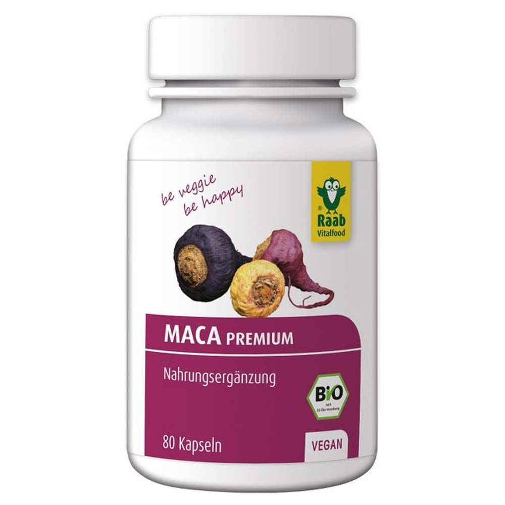 Weiße Flasche mit Kapseln. Aufkleber mit Produktnamen, Bio-Siegel und Raab Vitalfood Logo. Abbildung von Maca-Wurzeln.