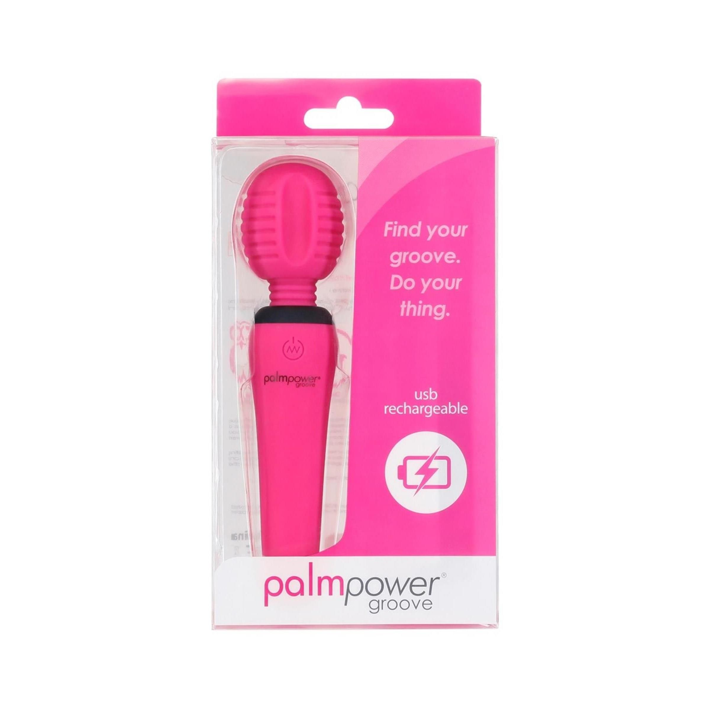 Pinkfarbener Groove Mini Wand in Verpackung. Transparente Box mit Produktabbildung und Text. "palmpower groove".