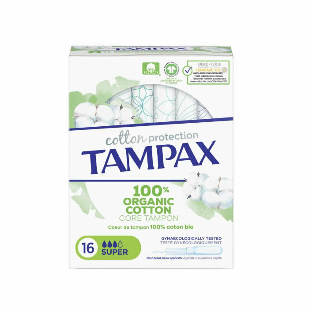 Verpackung mit Tampons. Marke: Tampax. 16 Super Tampons. 100% Bio-Baumwolle. Mit Applikator aus Pflanzenkunststoff. Gynäkologisch getestet.