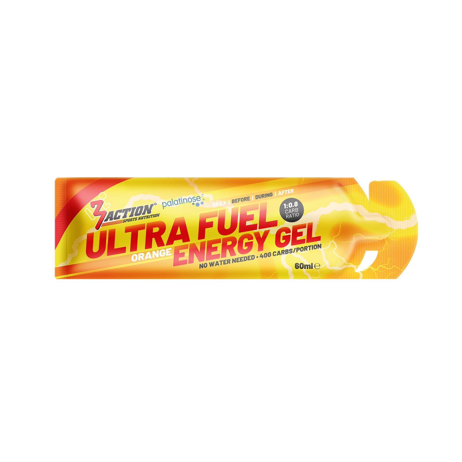 Gel-Packung. Orangefarben mit Text: ULTRA FUEL ENERGY GEL, 3Action. 60ml. Gelb-rotes Design. Palatinose.