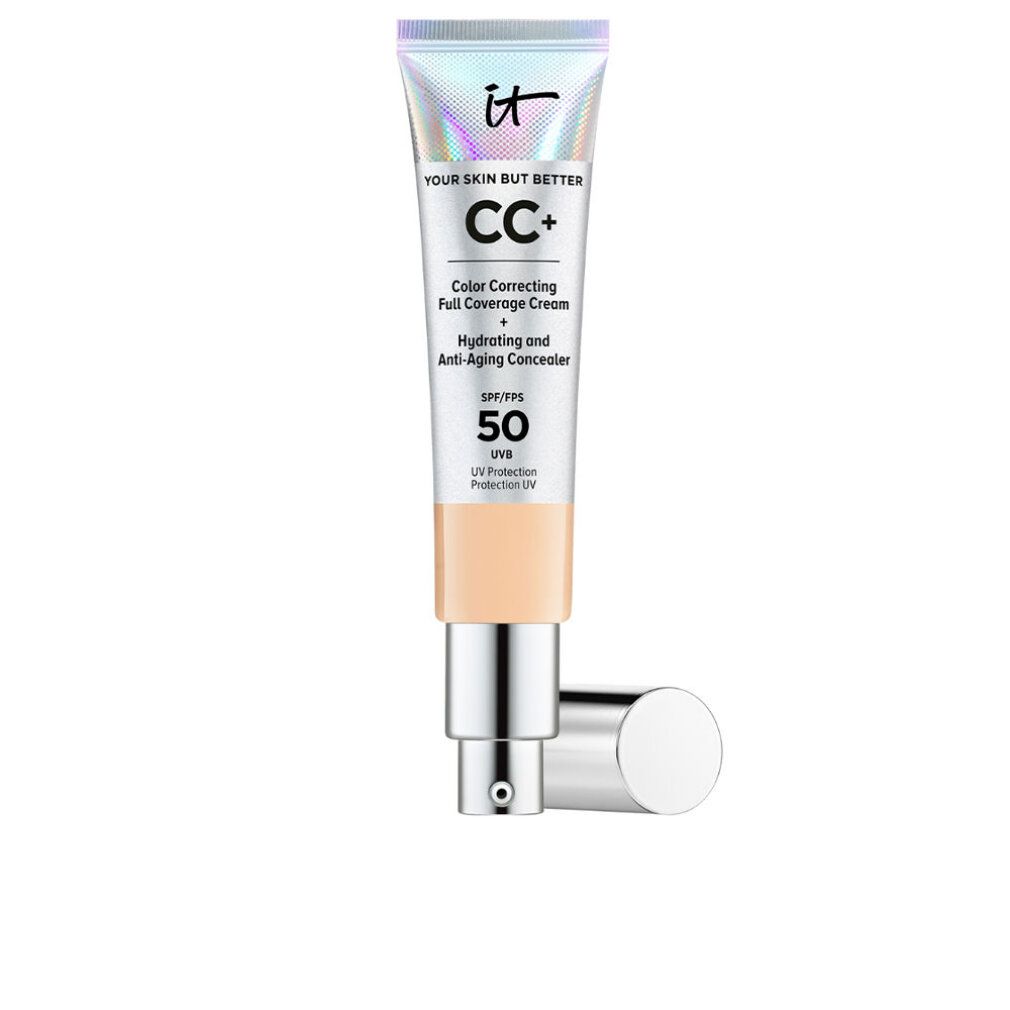 Tube mit CC+ Creme, SPF 50. Farbkorrigierend, deckend, hydratisierend, Anti-Aging. Neutro Medio Farbton. Silberne Kappe und Pumpkopf.