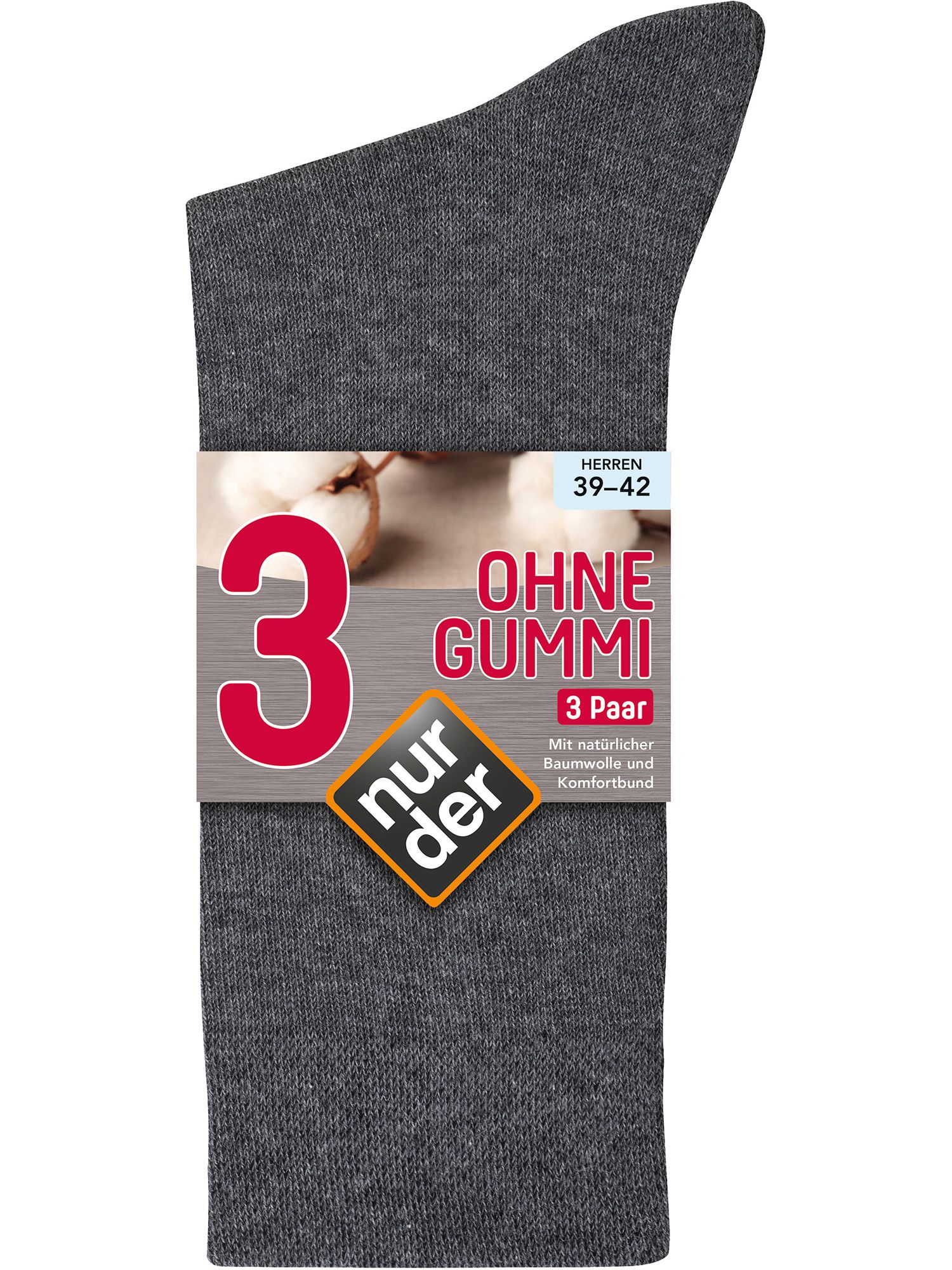 NUR DER Socken Ohne Gummi 3er Pack - mittelgraumel. - Größe 39-42