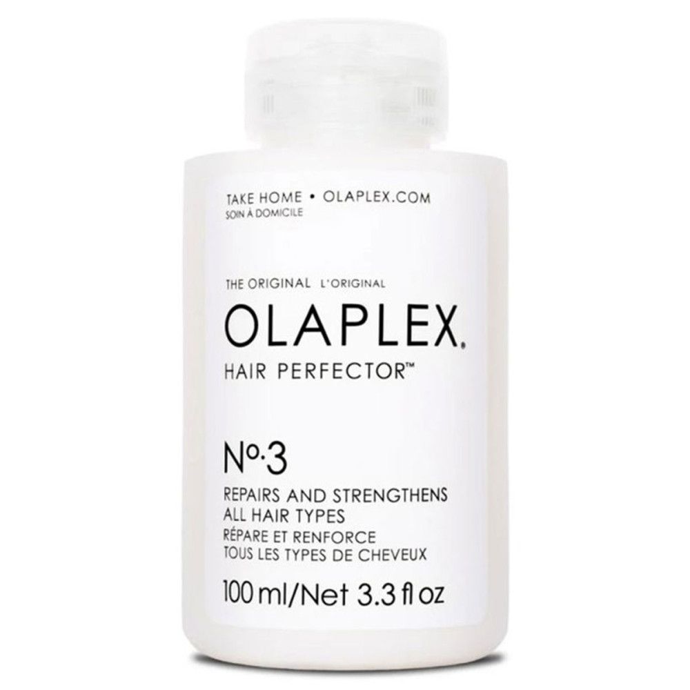 Weiße Flasche mit schwarzem Text. Text: Olaplex Hair Perfector No.3. Repariert und stärkt alle Haartypen. 100ml/3.3 fl oz.