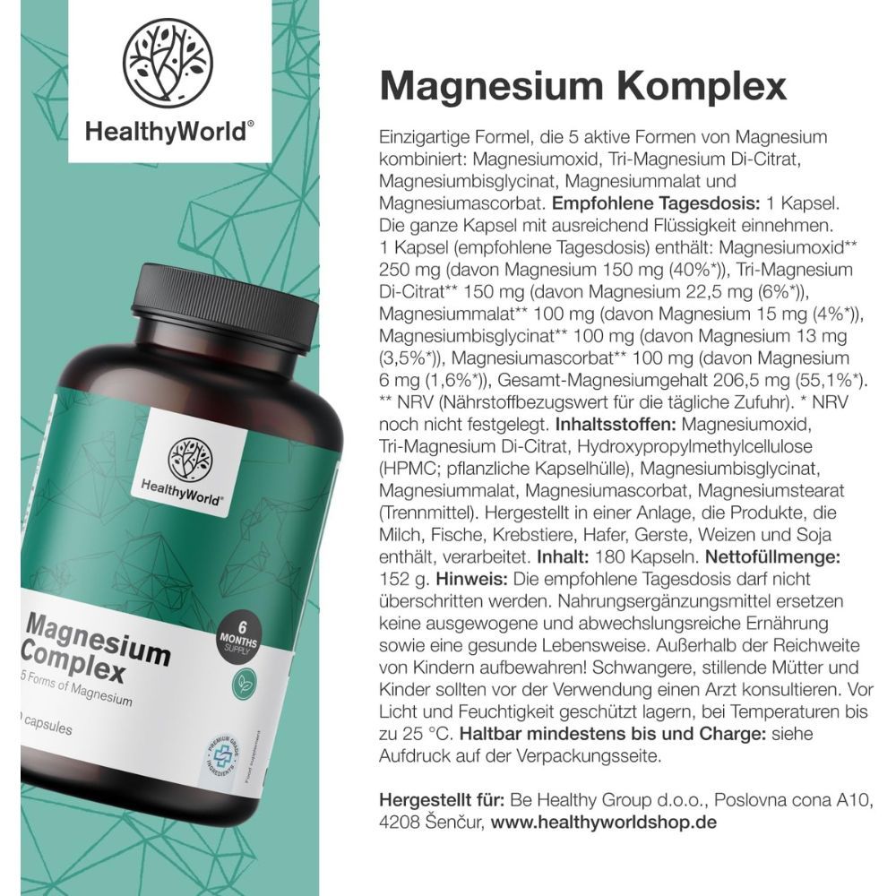 Produktinformationen: Magnesium Komplex. Inhaltsstoffe, Dosierung, Warnhinweise. Flasche mit Kapseln.