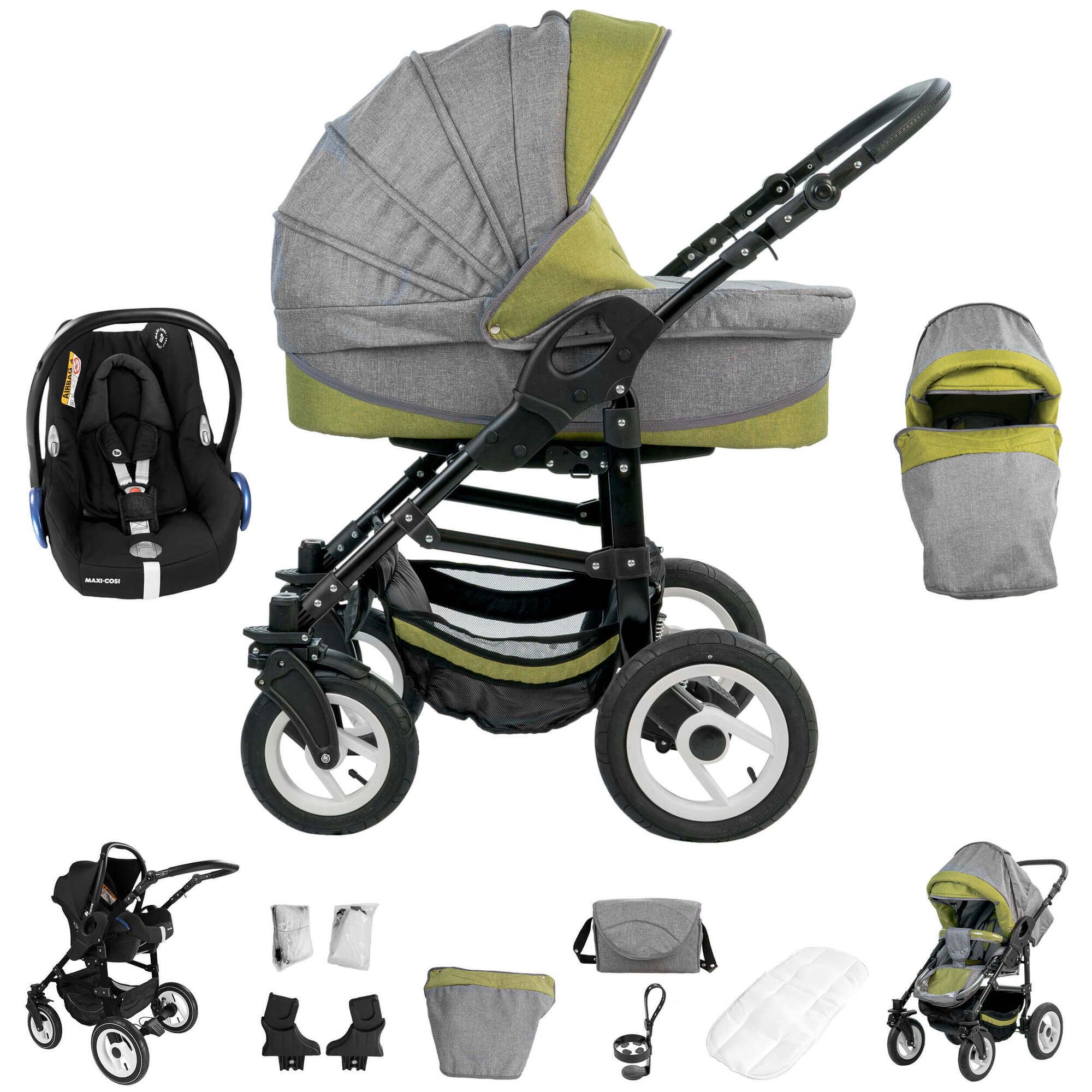 Bebebi Florenz 3 in 1 Kinderwagen Set mit Original Maxi Cosi, Luftreifen, Medici Green Black