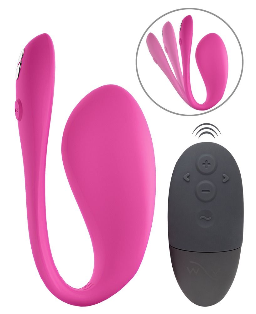 Rosa Vibrator und Fernbedienung. Vibrator in U-Form. Fernbedienung grau mit Tasten. Zusätzliche Ansicht des Vibrators.