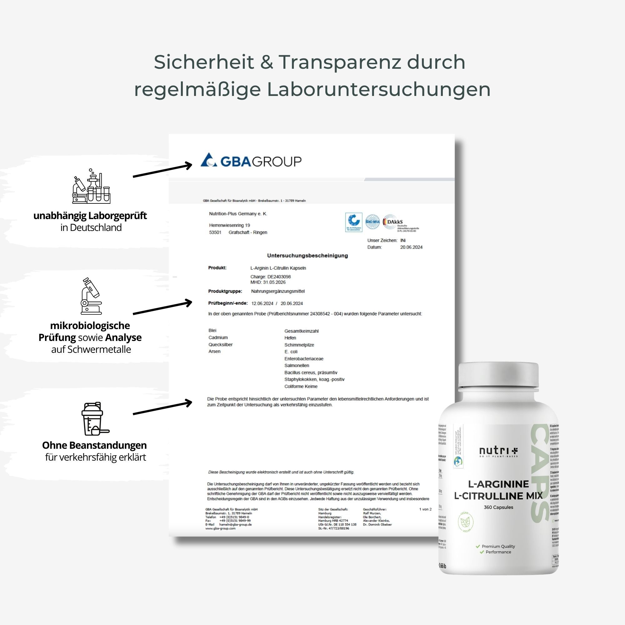 Flasche mit L-Arginin L-Citrullin Mix Kapseln, daneben ein Laborbericht.