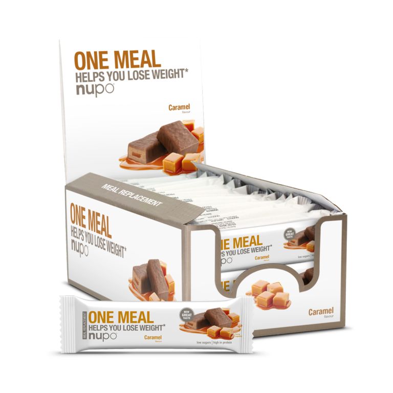 Produktkarton mit Riegeln. Text: "ONE MEAL HELPS YOU LOSE WEIGHT" und "Caramel".