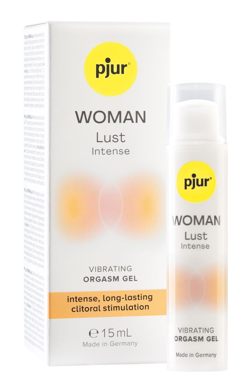Pjur Woman Lust Intense Vibrating Orgasmusgel. Flasche und Verpackung. Gel mit Text: intense, long-lasting clitoral stimulation. 15 ml. Made in Germany.
