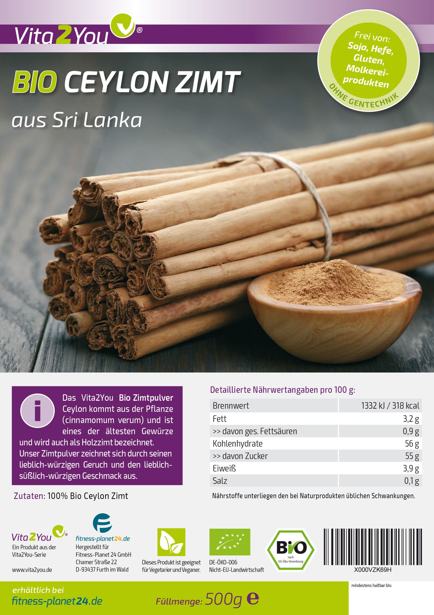 Vita2You Bio Ceylon Zimt Pulver