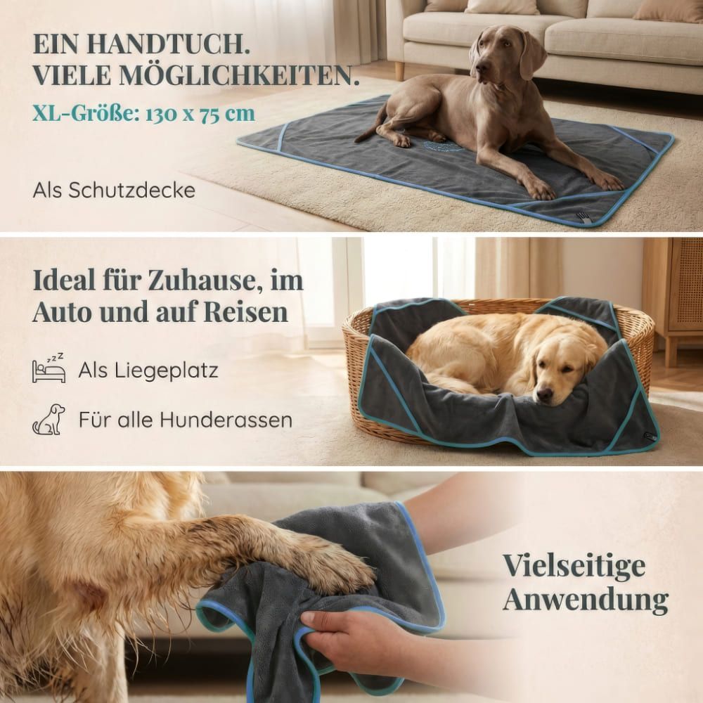 Graues Hundehandtuch auf dem Boden, als Liegeplatz in einem Korb und beim Abtrocknen. Text: Viele Möglichkeiten.