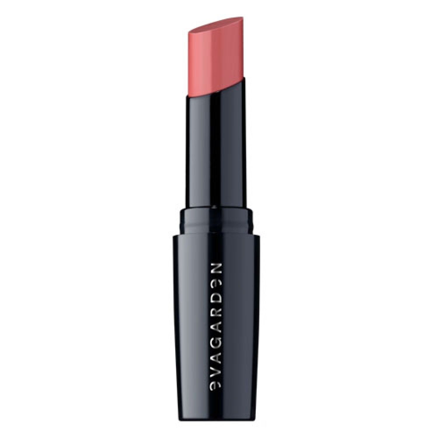 Lippenstift, Rose Wine, in schwarzer Hülse. Aufschrift: EVAGARDEN. Schräg angeschnittene Lippenstiftspitze.