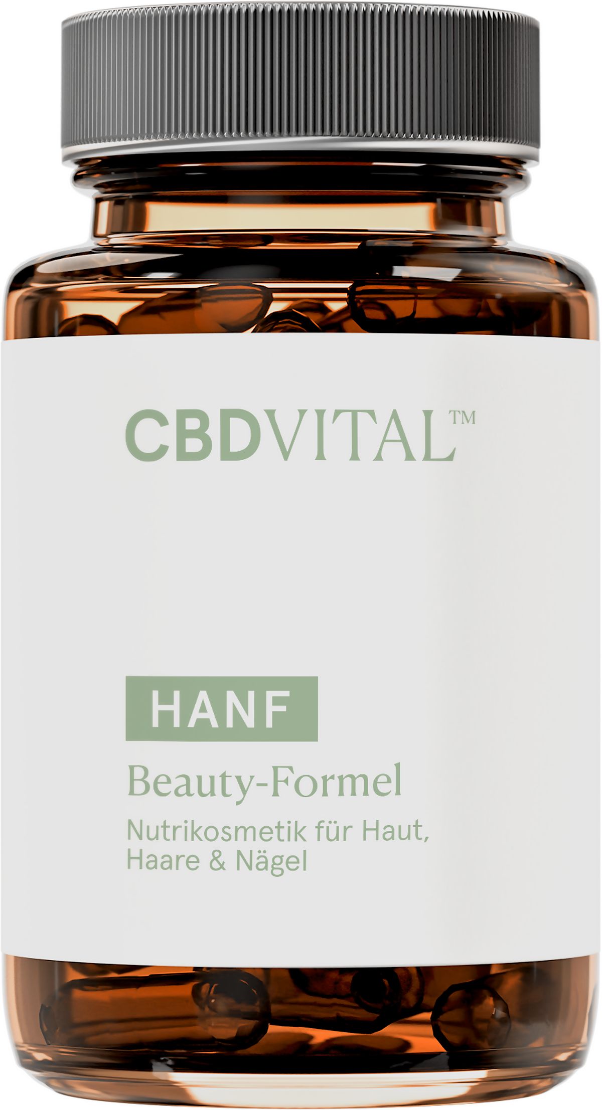 Bernsteinfarbene Glasflasche mit grauem Schraubverschluss, gefüllt mit braunen Kapseln. Etikett mit "CBDVITAL", "HANF", "Beauty-Formel" und "Nutrikosmetik für Haut, Haare & Nägel".