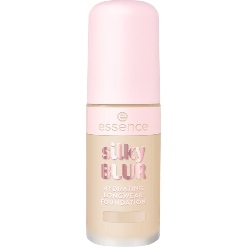 Foundation-Flakon mit rosa Deckel. Aufschrift: essence, silky blur, Hydrating Longwear Foundation.