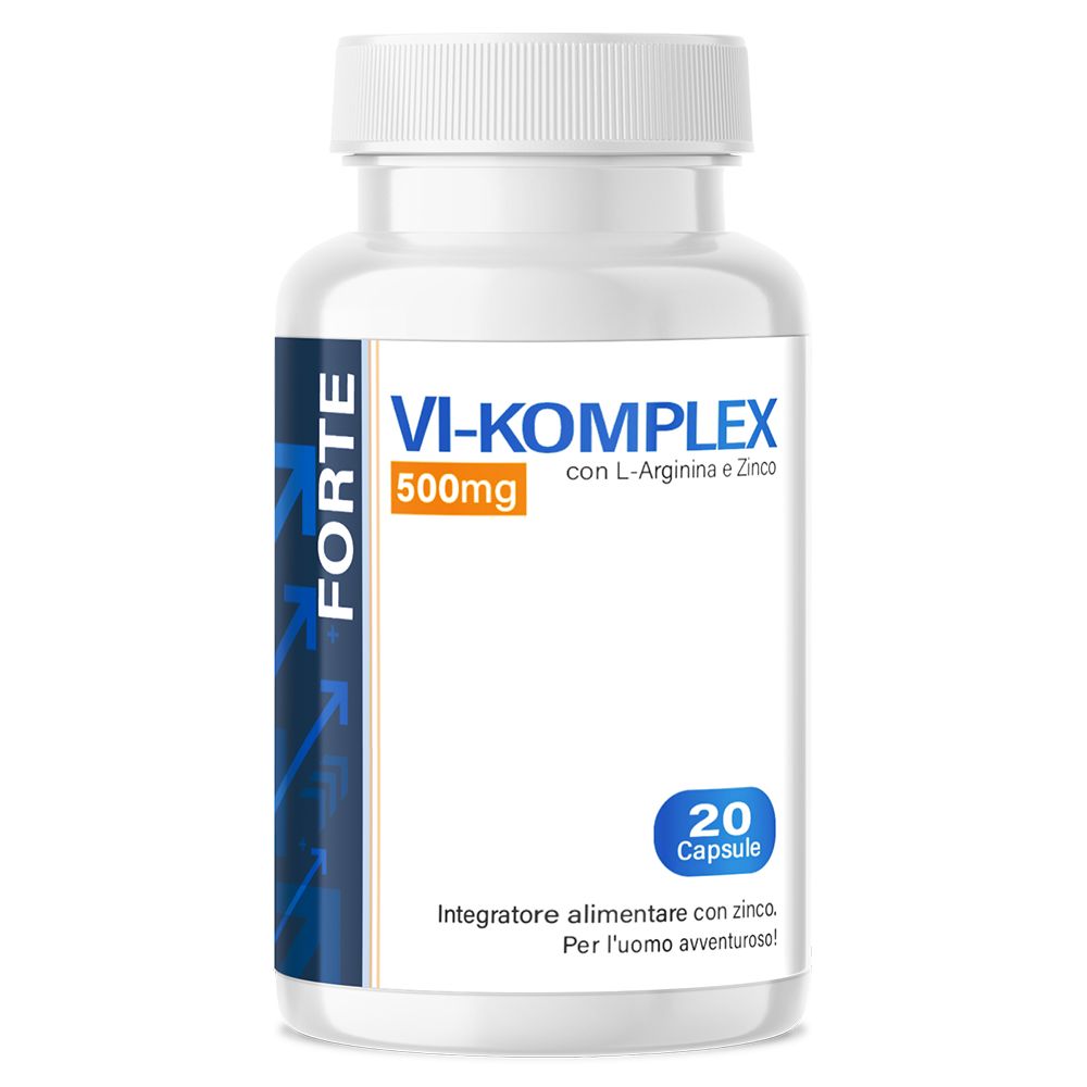 Flacone bianco con capsule. Scritta: VI-Komplex, 500mg, 20 capsule. Integratore alimentare con zinco.