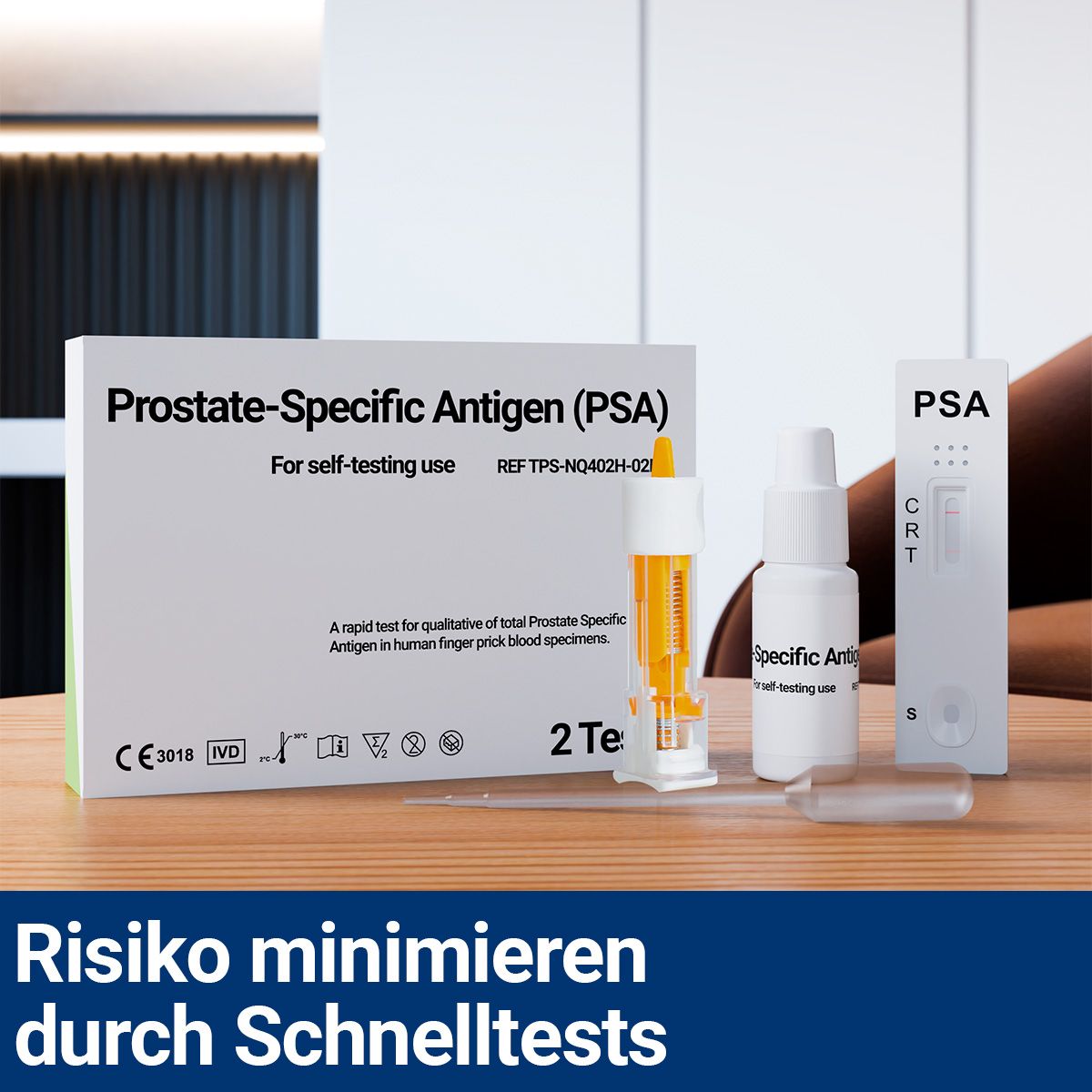 PSA-Test-Set auf Tisch. Enthält Testkassette, Fläschchen, Pipette und weitere Utensilien. Text: Prostate-Specific Antigen (PSA).