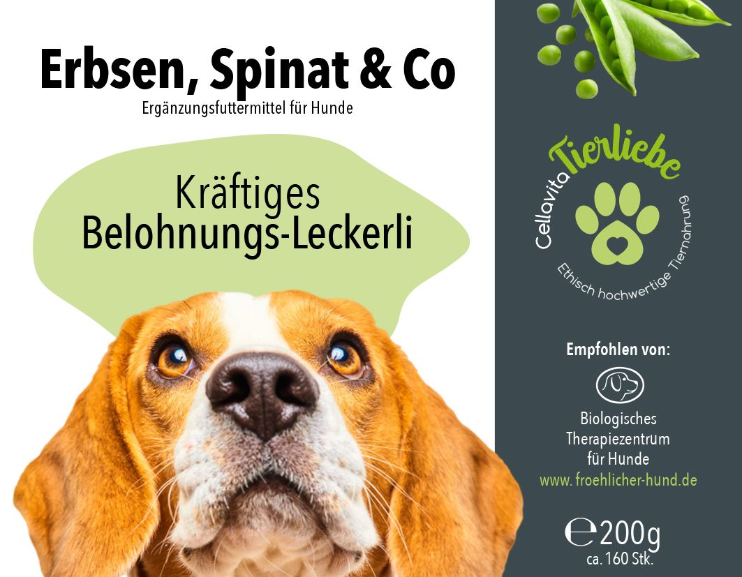 Hundefutter-Etikett mit Erbsen, Spinat & Co. und einem Hundekopf. Enthält 200g.