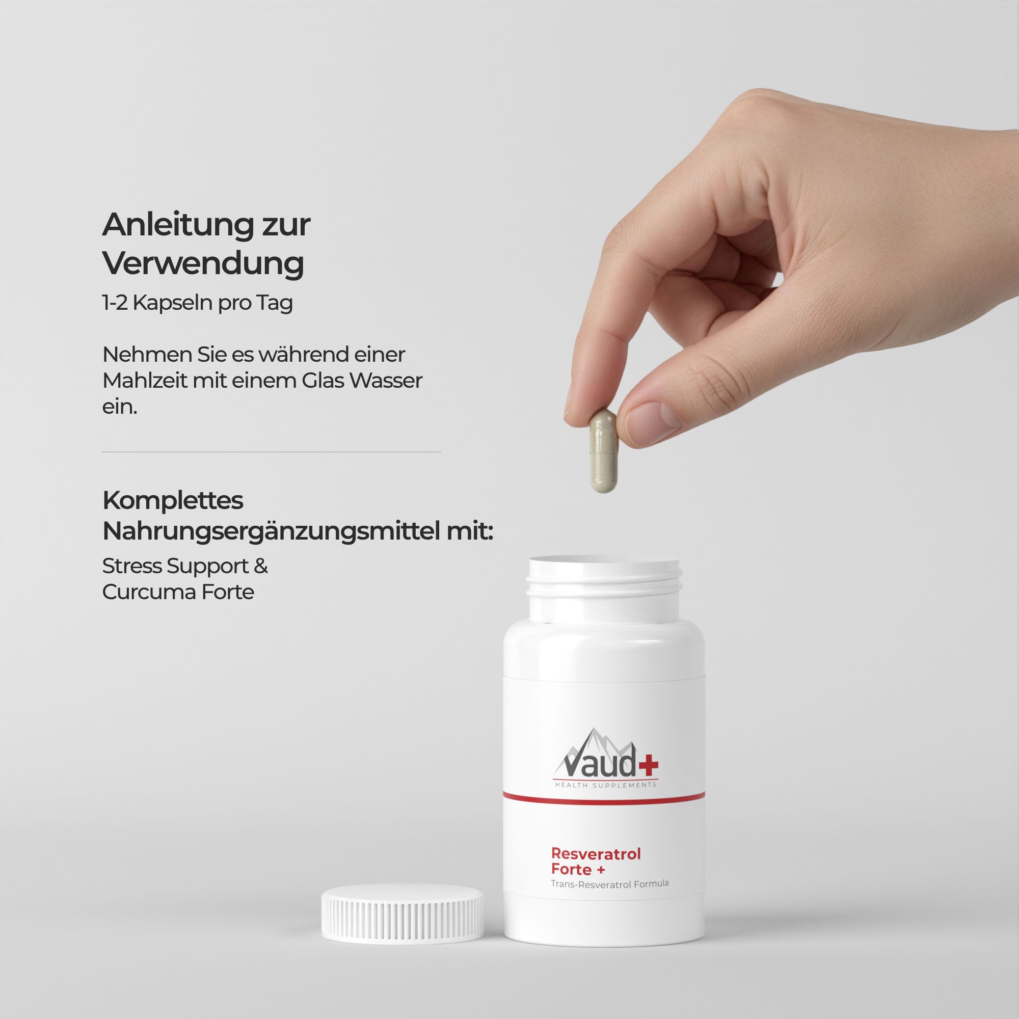 Hand hält Kapsel über einer weißen Flasche. Text: Anleitung zur Verwendung. 1-2 Kapseln pro Tag.