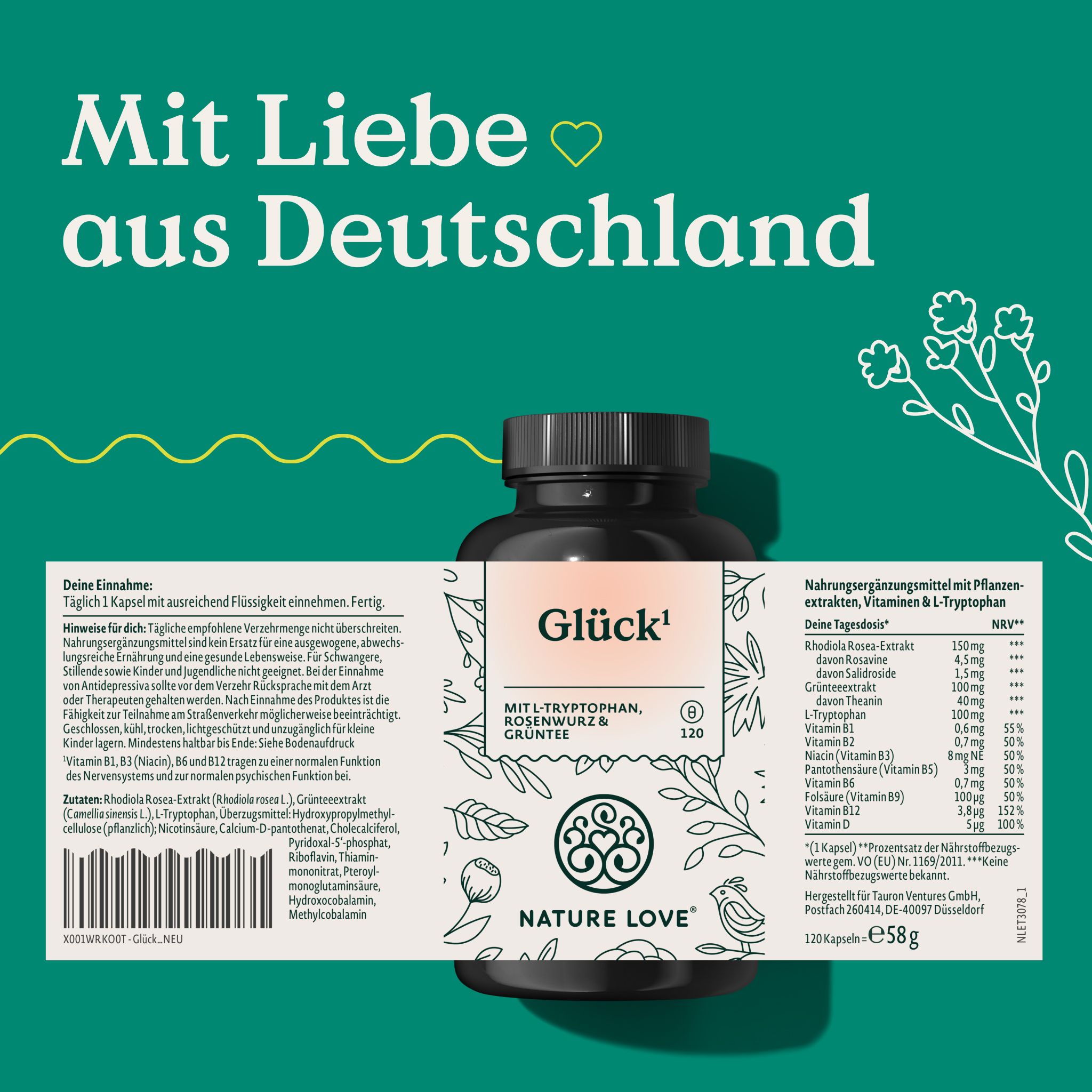 NATURE LOVE® Glück Rhodiola Rosea-Extrakt, L-Tryptophan, Rosenwurz- und Grünteeextrakt – 120 Kapseln