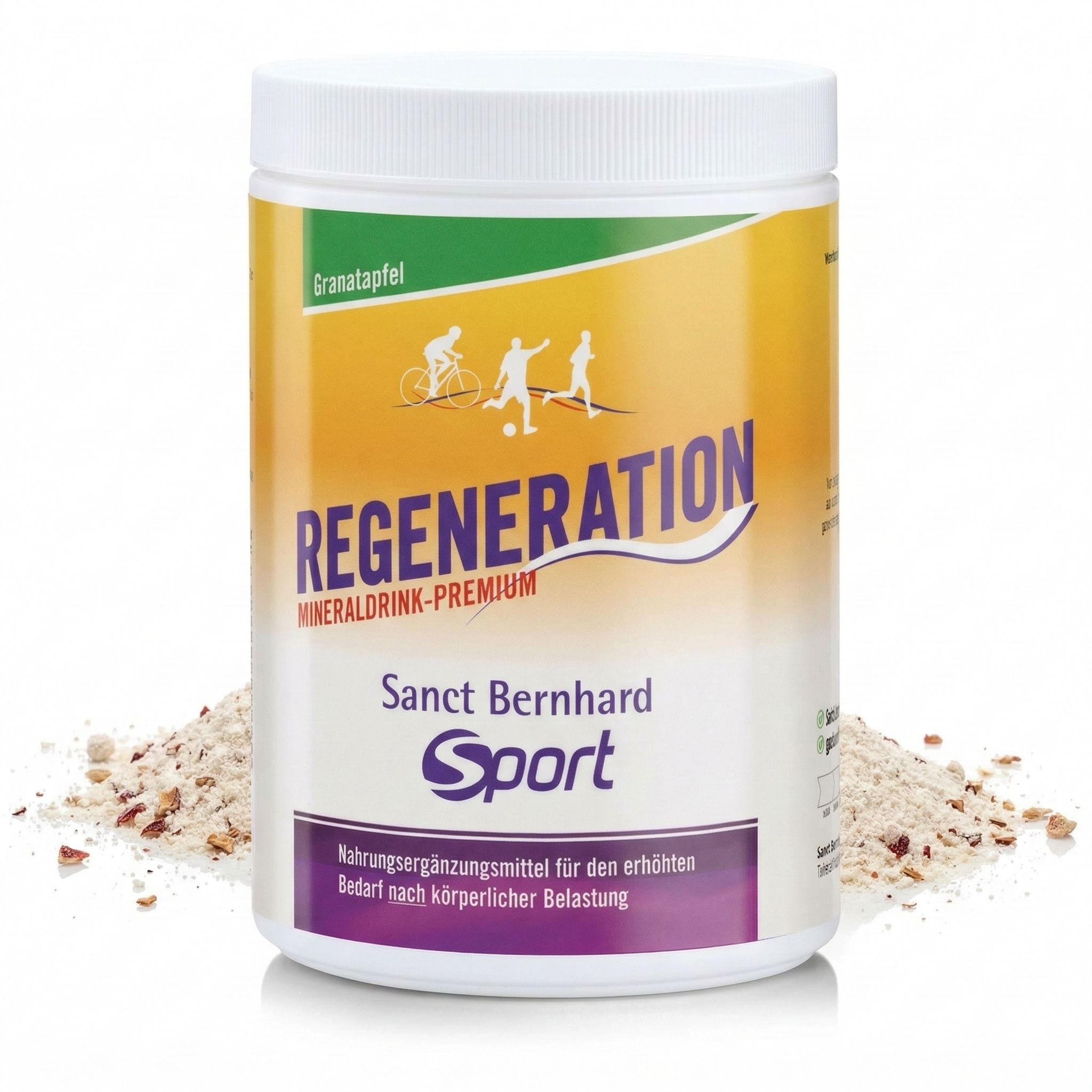 Dose Sanct Bernhard Sport Regeneration Mineraldrink-Premium Granatapfel mit Pulver.