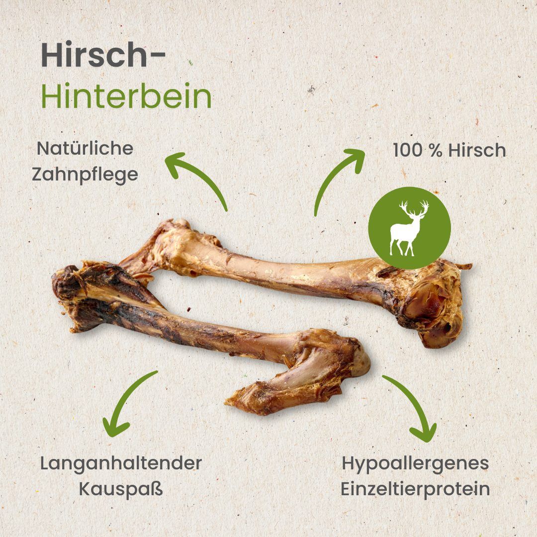 Hirsch-Hinterbein: 100% Hirsch, natürliche Zahnpflege, langanhaltender Kauspaß.