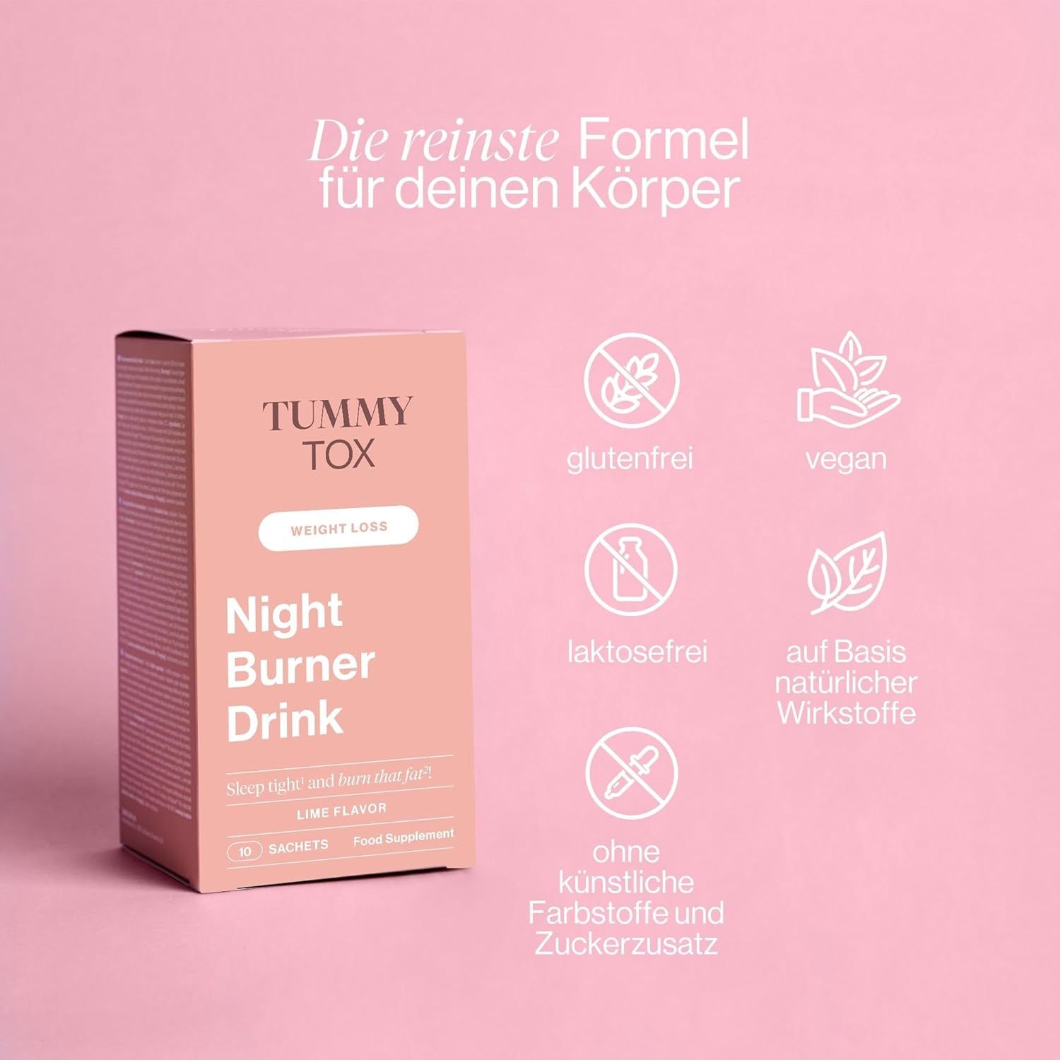 Rosa Schachtel mit "Tummy Tox Night Burner Drink". Logos: glutenfrei, vegan, laktosefrei, natürliche Wirkstoffe, ohne Zuckerzusatz.