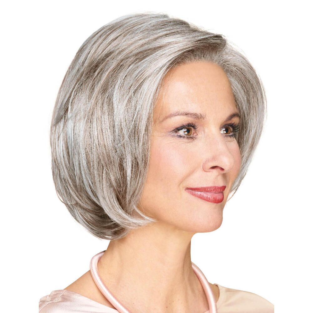 Perücke STOCKHOLM, graues Haar, Bob-Schnitt. Frau, Blick nach rechts.